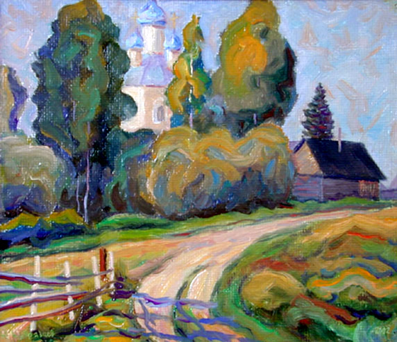 Рогожа-Селигер. Спасо-Преображенский храм.  Rogoja - Seliger. Saviour-Transfiguration Cathedral. (26x24cm, oil, 2002)